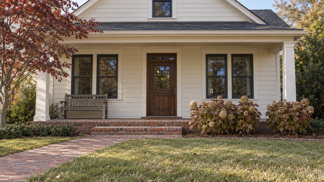 Ivory clapboard home with a brick front porch, dark-framed windows and autumn dogwood foliage beside a short brick approach.