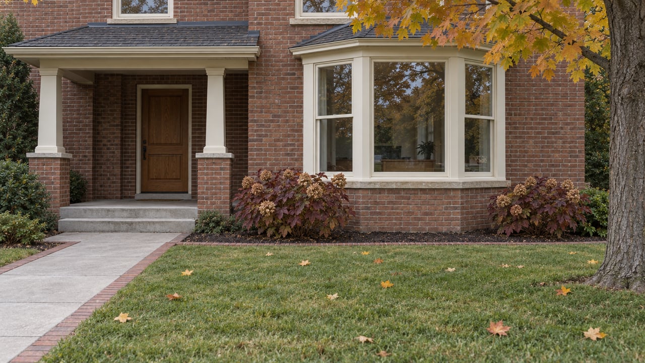 Brick home with an ivory-trimmed bay window, covered entry and deep autumn lawn beneath an amber sugar maple.