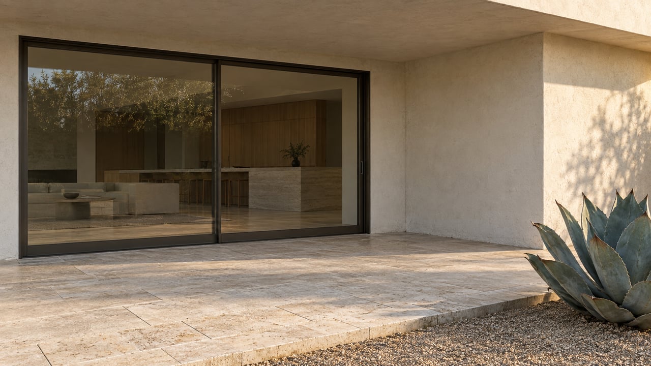 Late-afternoon light across a cream stucco terrace with bronze-framed sliding doors, limestone paving and a blue-gray agave.