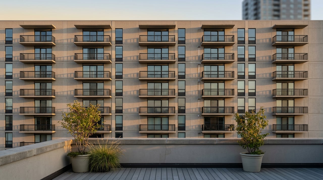 Warm-gray tower facade with stacked balconies, black steel rails, and sunlit planters on a foreground terrace.