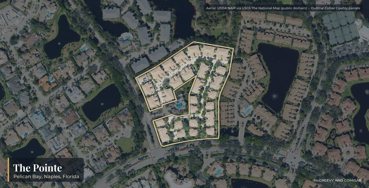 Aerial view of The Pointe at Pelican Bay, Naples, Florida, with its parcels outlined