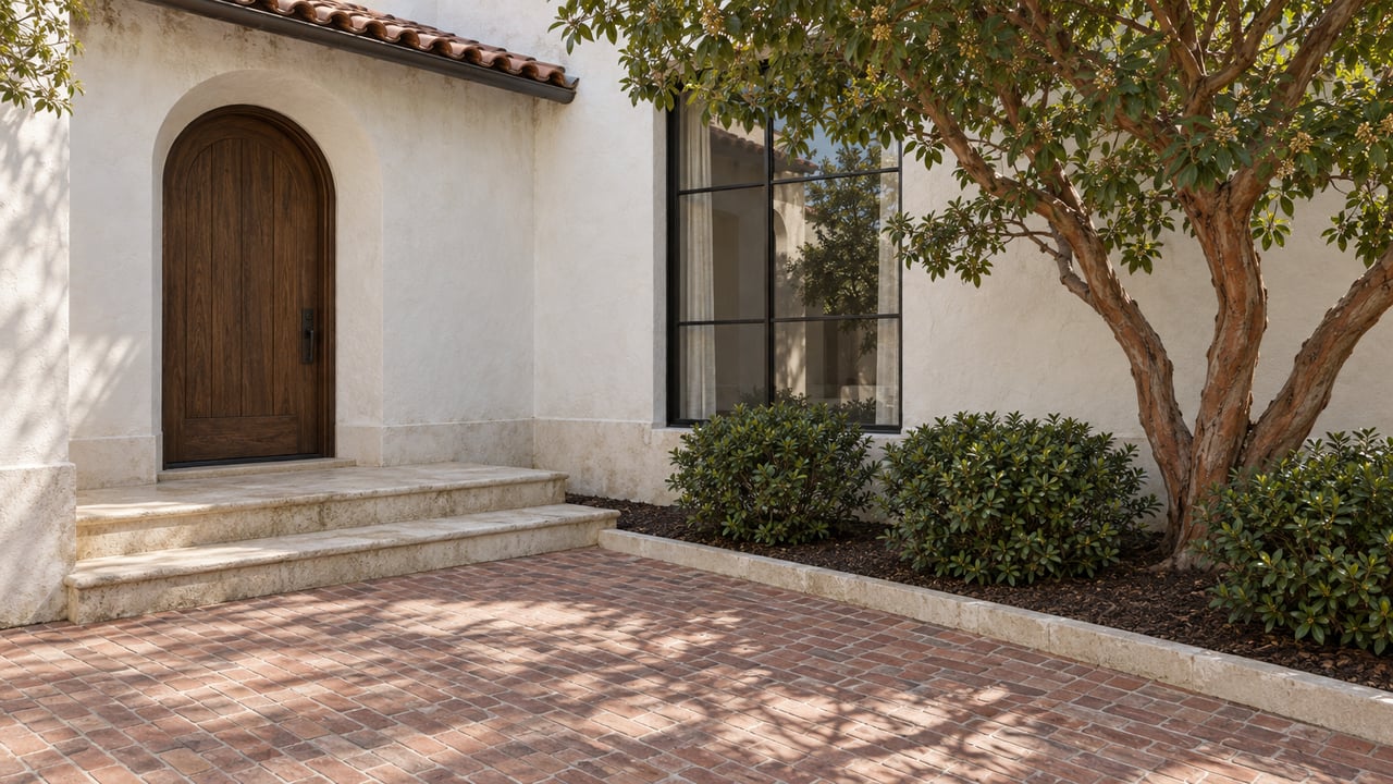 White stucco home with an arched oak front door, limestone steps, brick entry court and a sculptural strawberry tree.