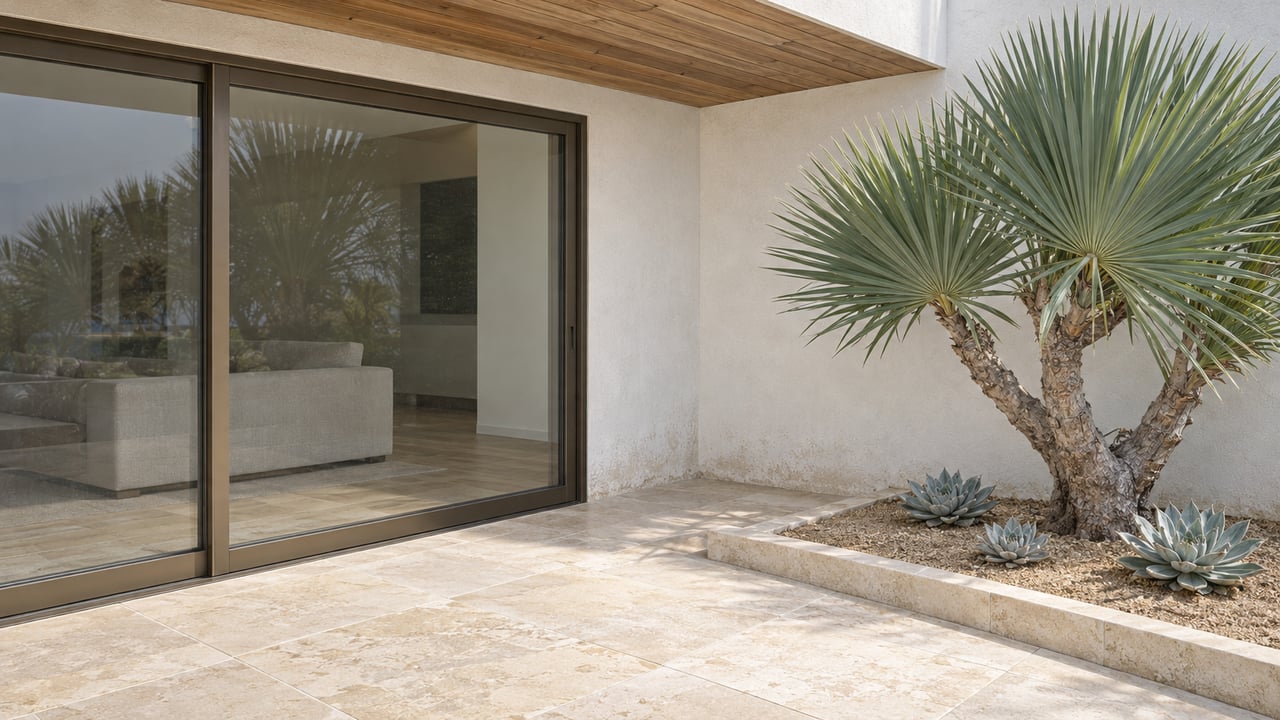 Close view of a white-plaster home with cedar soffit, closed glass doors, pale limestone terrace and sculptural blue-green plants.