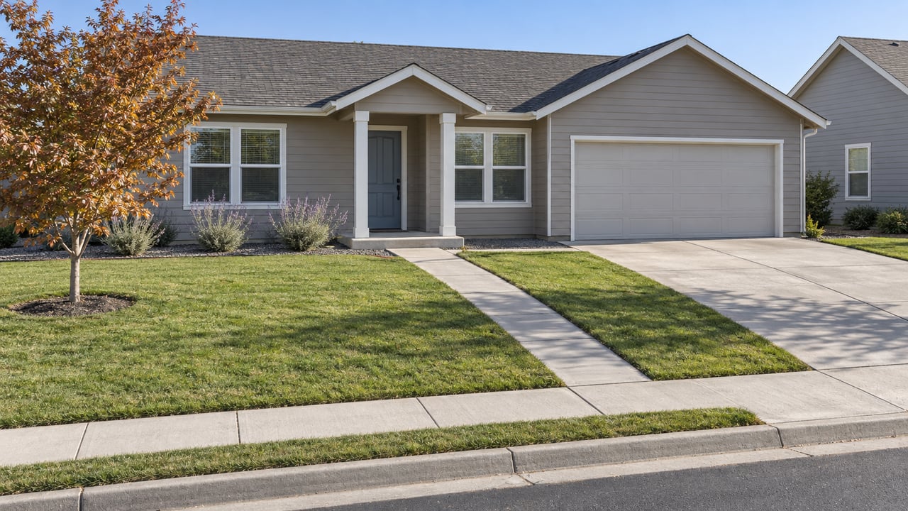 Taupe single-story home with a covered front porch, attached garage, broad lawn and a copper-leaved paperbark maple in clear afternoon light.