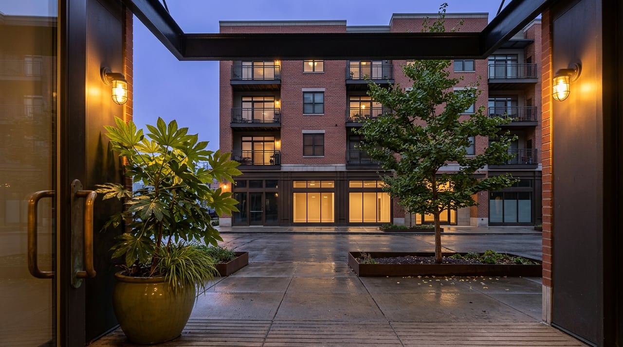 Dusk view from a brick entry threshold toward a four-story facade with balconies, glass storefront, and street tree.