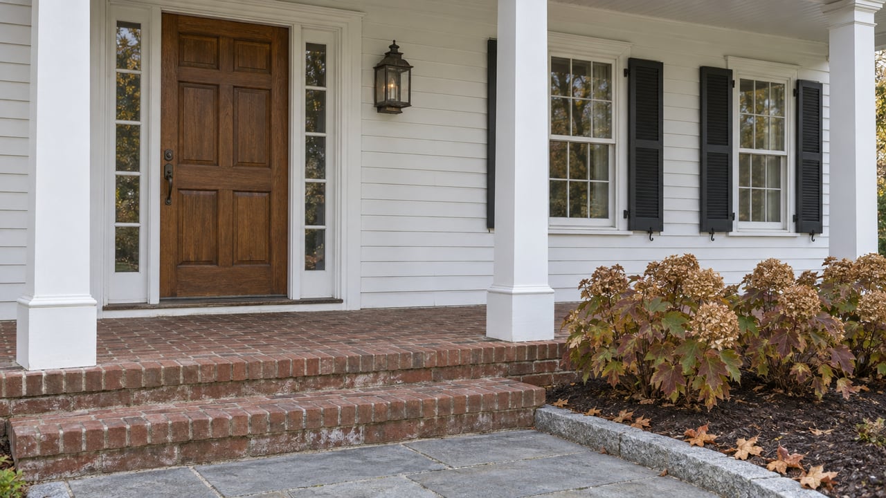White clapboard house entry with an oak door, divided-light windows, weathered brick steps and oakleaf hydrangeas.
