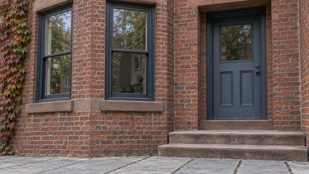 Close view of a red-brown brick home with a bay window, blue recessed door, worn stone steps and burgundy climbing vine.