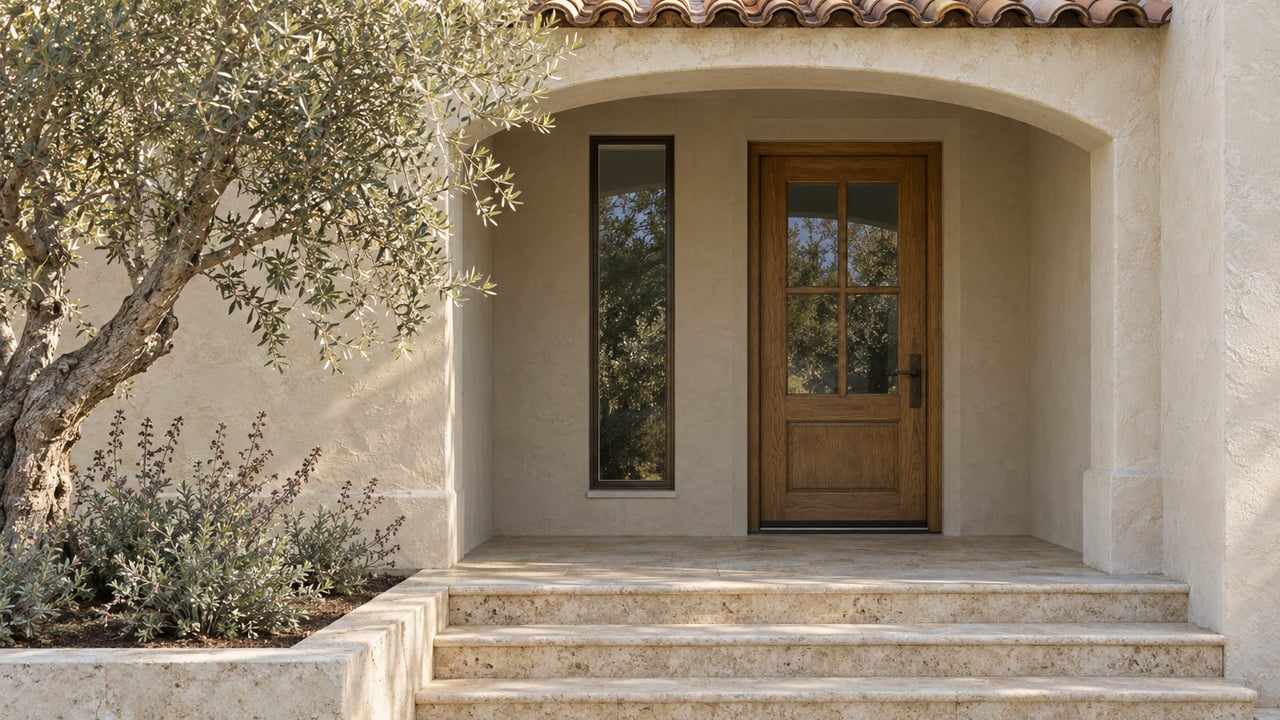 Sunlit ivory stucco entrance with an oak-and-glass door, limestone steps and a sculptural olive tree.