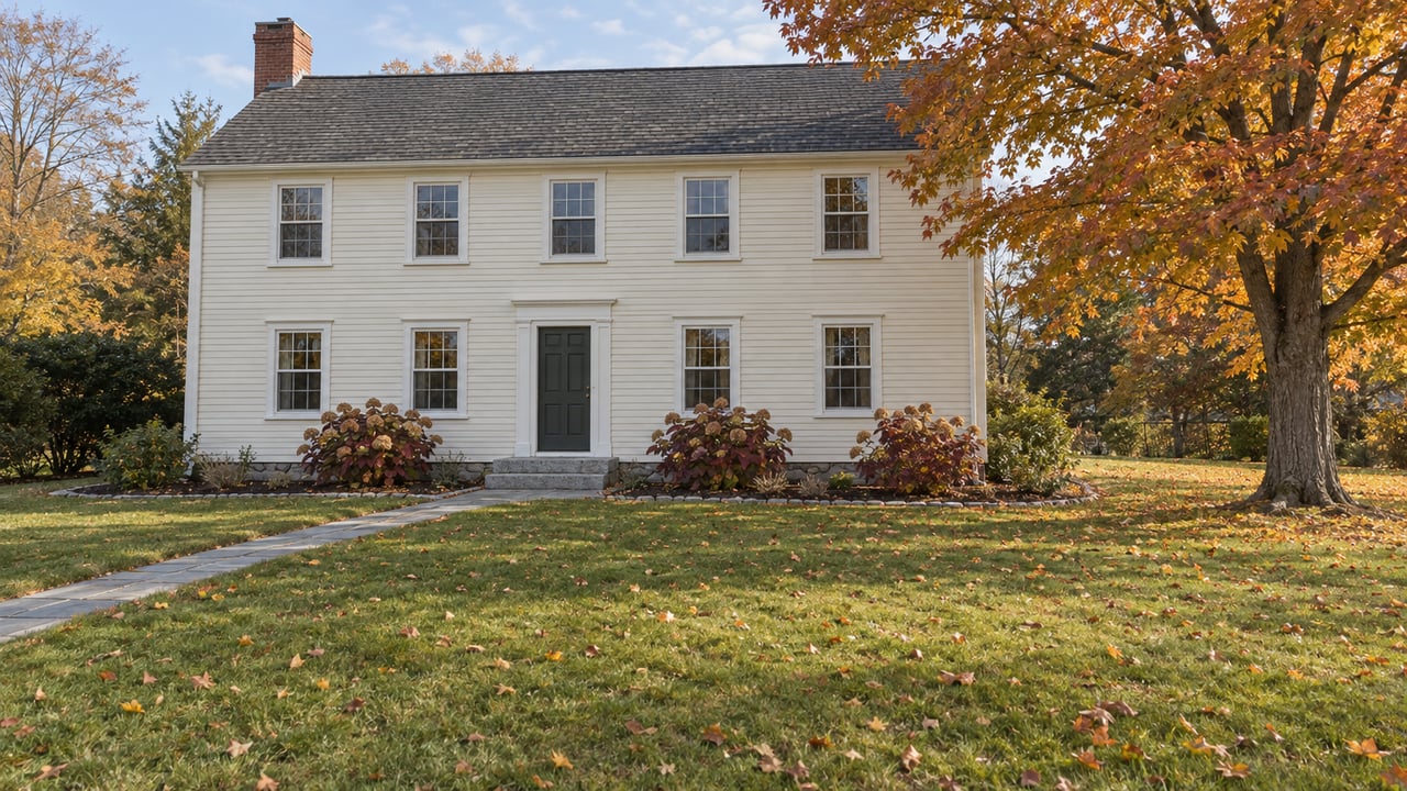 Cream clapboard house beyond a broad autumn lawn, with granite entry steps and a golden-leaved sugar maple.