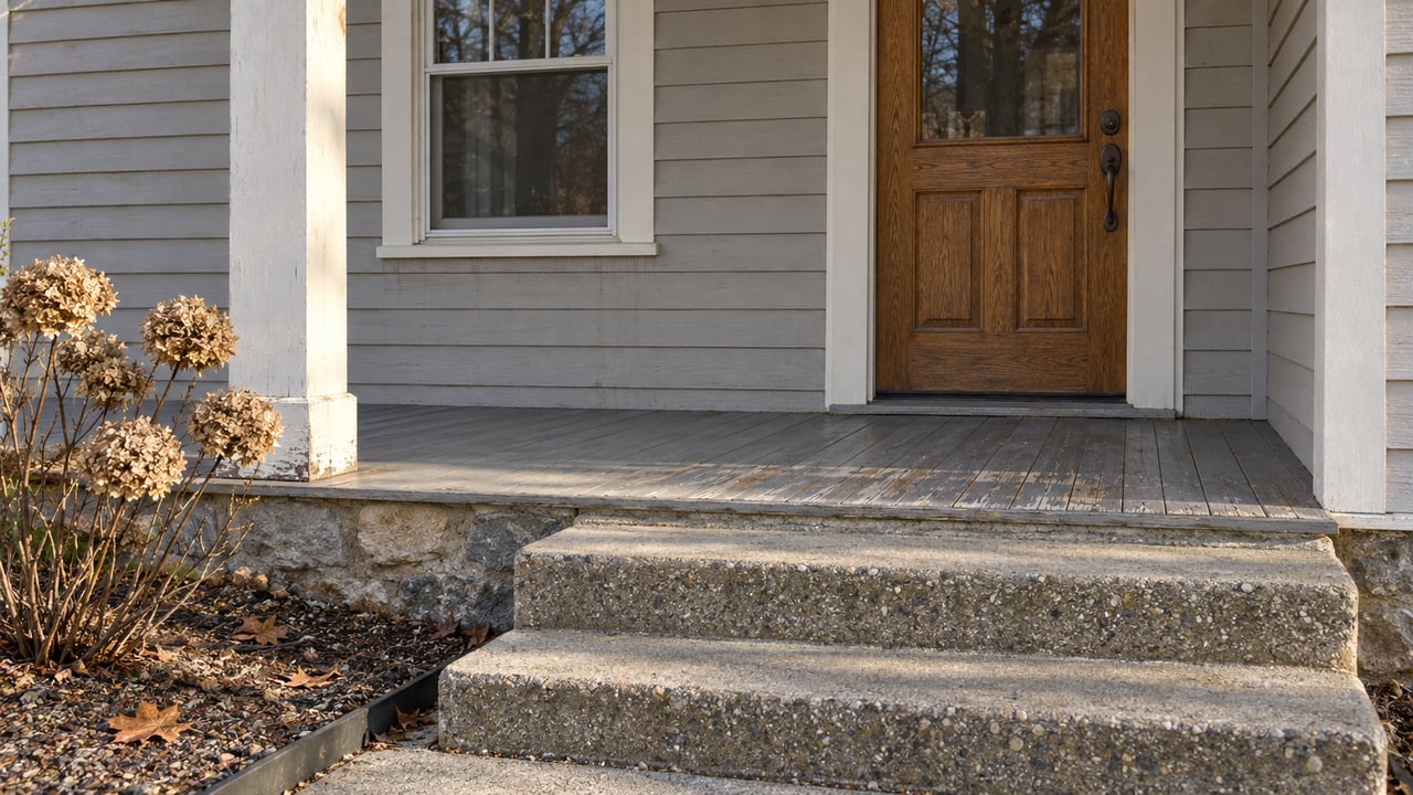 Late-autumn sunlight grazes a weathered painted porch, closed oak entry door, concrete steps, and dried hydrangea flower heads.