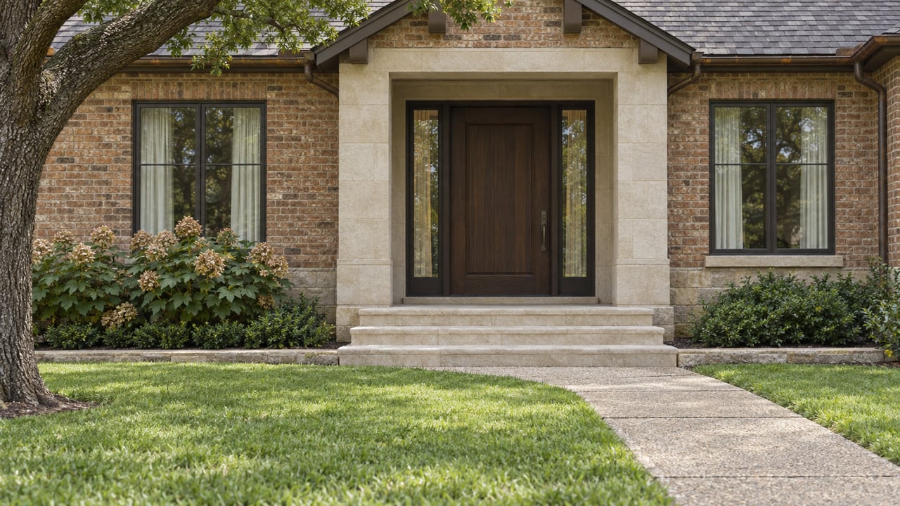 Russet brick home with a limestone entry, dark oak door, mature oak and lawn beside an aggregate walkway.