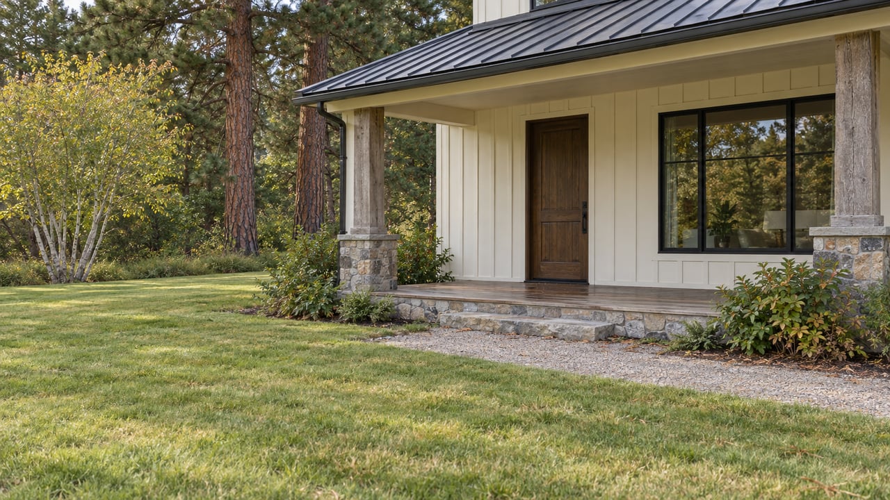 Cream board-and-batten rural home with a timber-post porch, dark entry door, and open lawn beneath mature pines.
