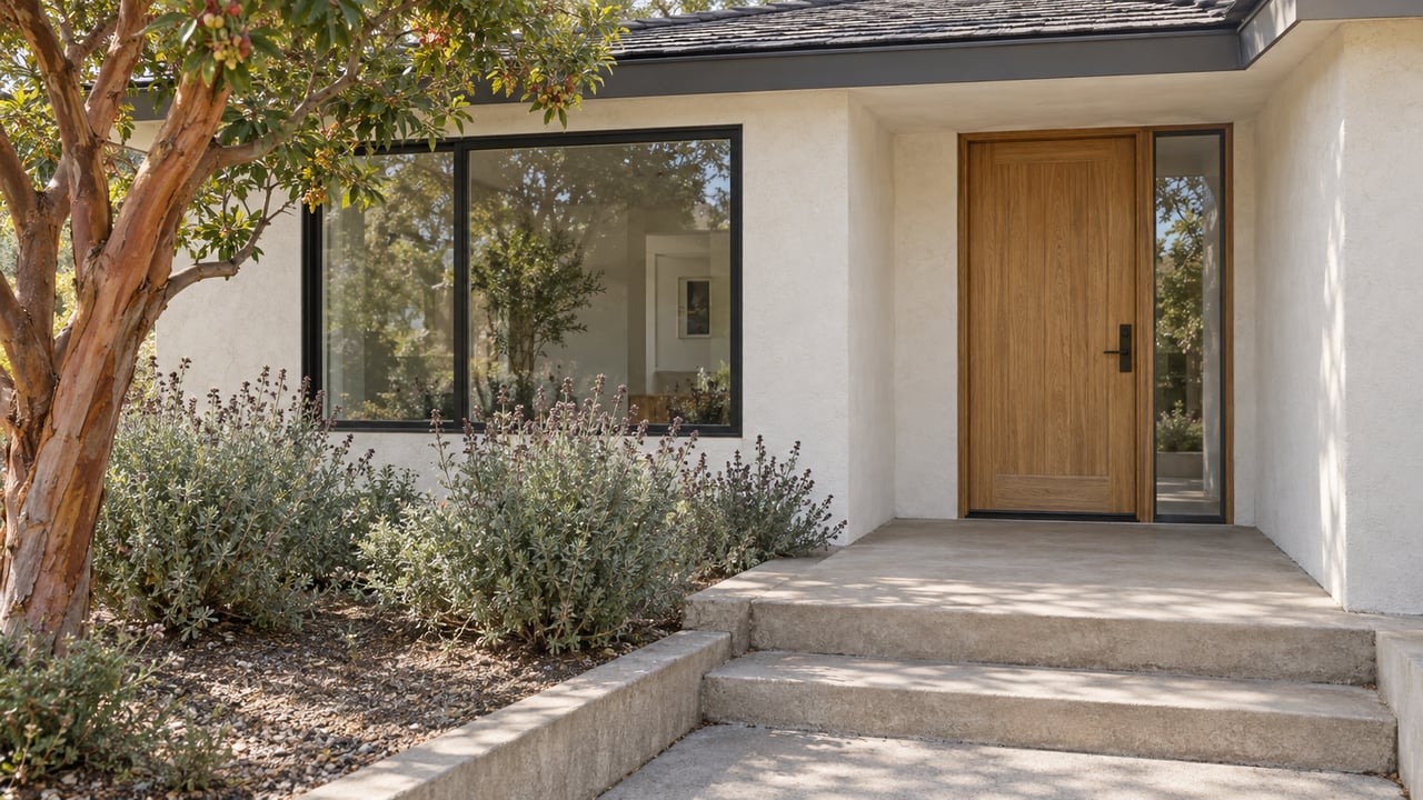 Ivory stucco home entrance with an oak door, broad black-framed window, pale concrete steps and sculptural garden planting.