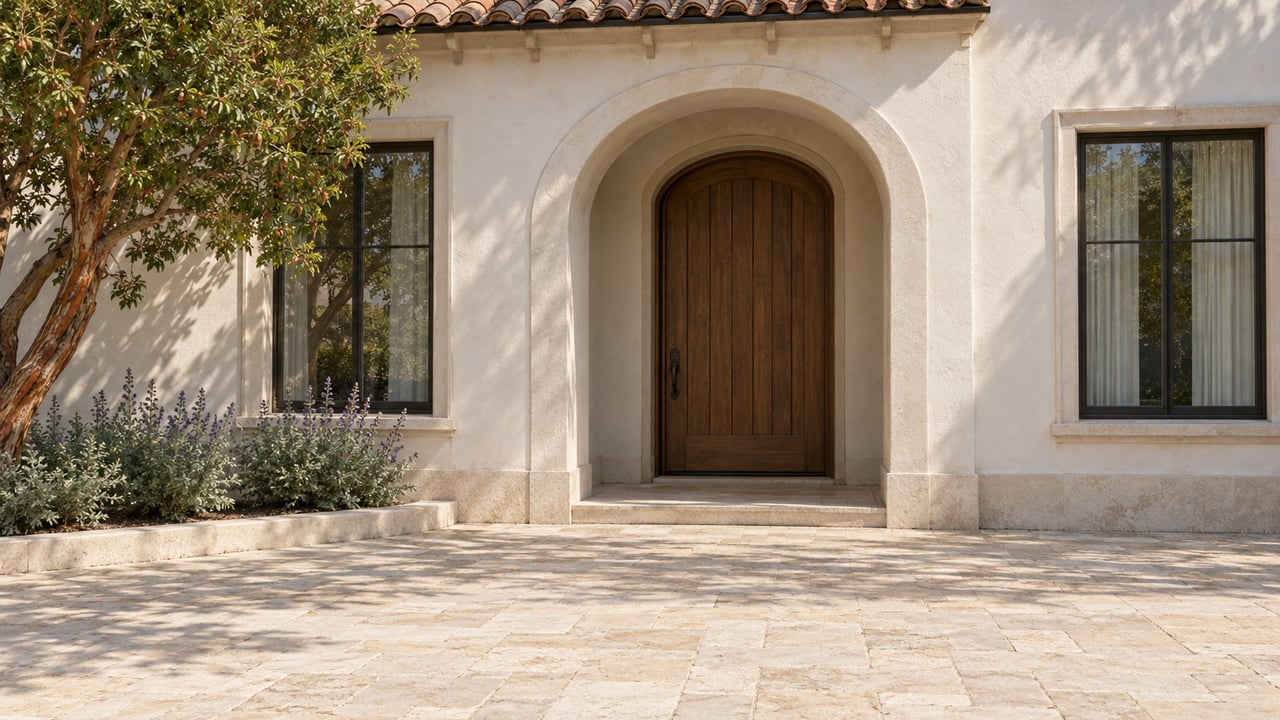 Sunlit white stucco home with a recessed arched oak entry, clay tile eave, limestone approach and curated planting.