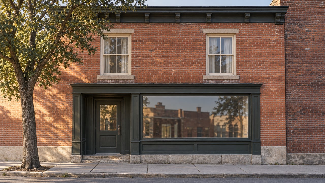 Two-story red-orange brick building with paired upper windows, a recessed storefront door, and a street tree.