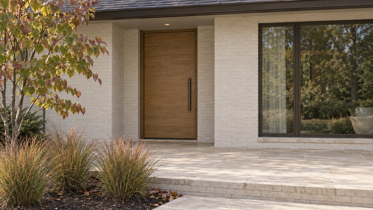 Off-white brick house entry with an oak door, large window, limestone landing, and autumn grasses.