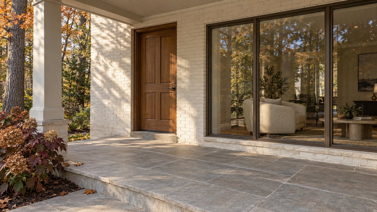 Autumn light across a limestone porch, painted brick entry and bronze-framed sitting-room window, with oakleaf hydrangeas beside the step.