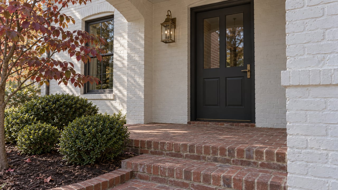 A sheltered white-painted brick entry with a charcoal glazed door, aged brass lantern, brick steps and burgundy dogwood foliage.