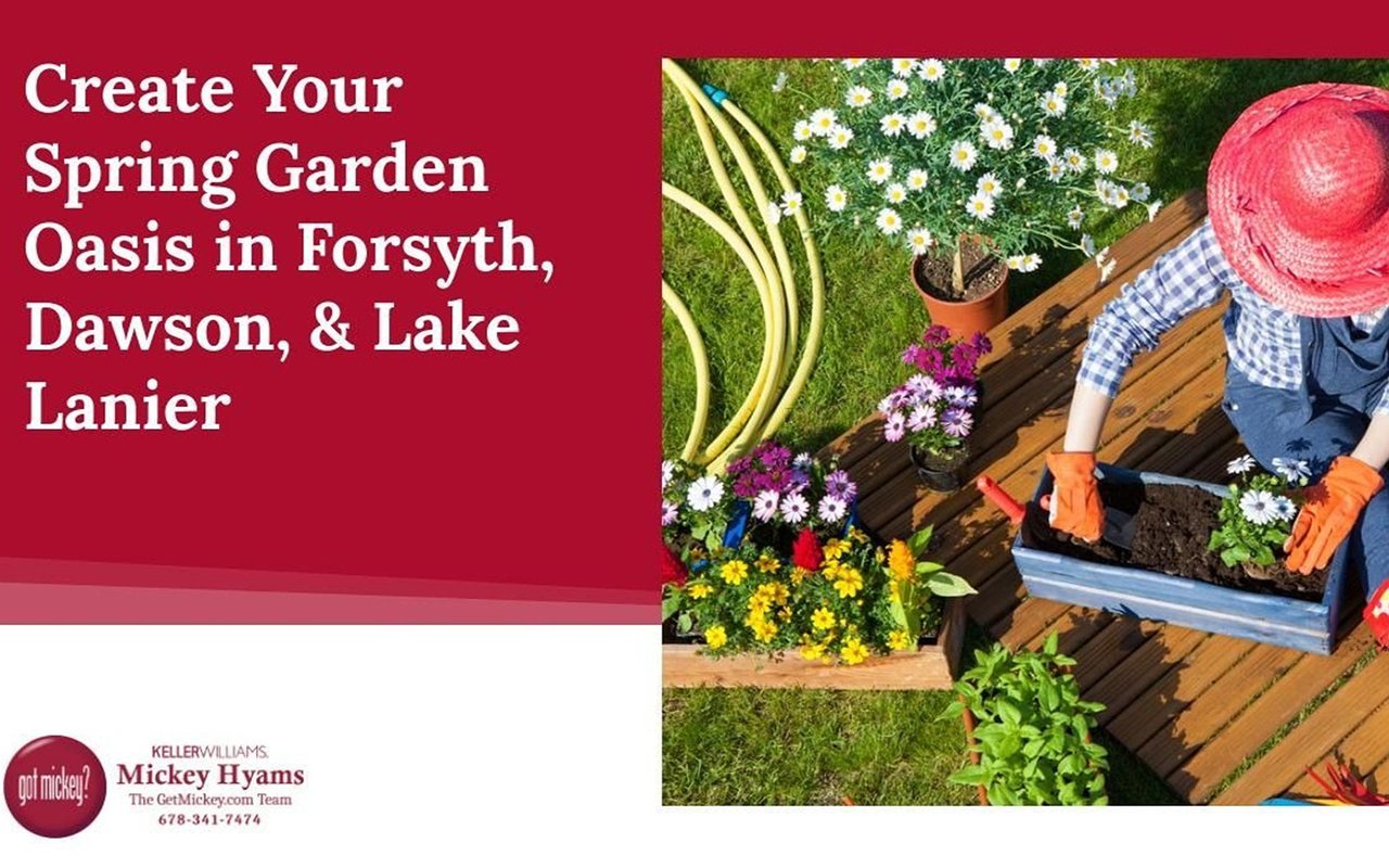 Spring garden graphic featuring a person planting flowers, with a headline about Forsyth, Dawson, and Lake Lanier.