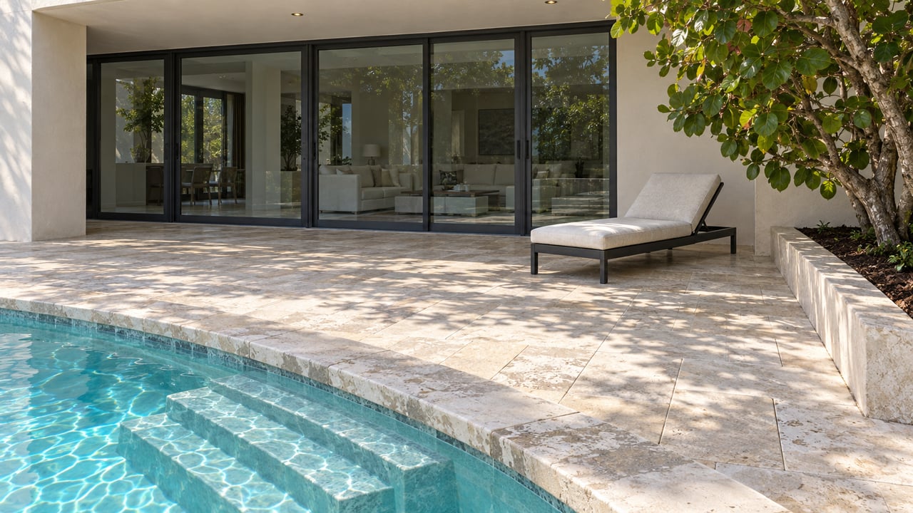 Cream stucco waterfront home with charcoal-framed glass doors, pale limestone terrace and turquoise pool beside a sculptural sea grape tree.