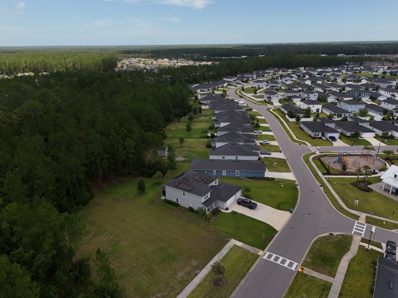 Aerial view of Meadow Ridge homes beside a wooded area, with a winding street and neighborhood playground.