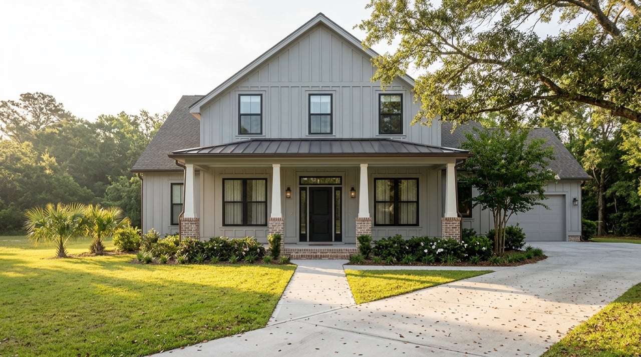 Two-story gray-sided home with a brick-pier porch, broad live-oak canopy, and open front lawn.