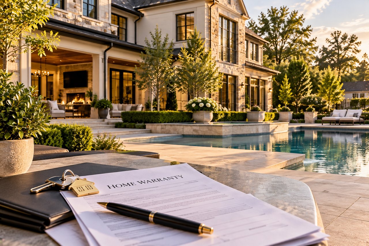 Luxury home warranty documents and house keys displayed beside an upscale residence with a swimming pool and elegant outdoor living spaces, illustrating home warranty coverage, limitations, and considerations for luxury homeowners.