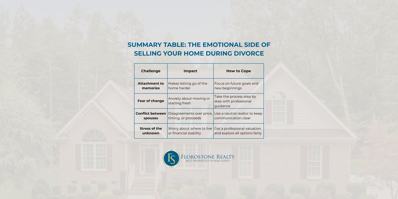 Summary table of emotional challenges, impacts, and coping tips for selling a home in divorce