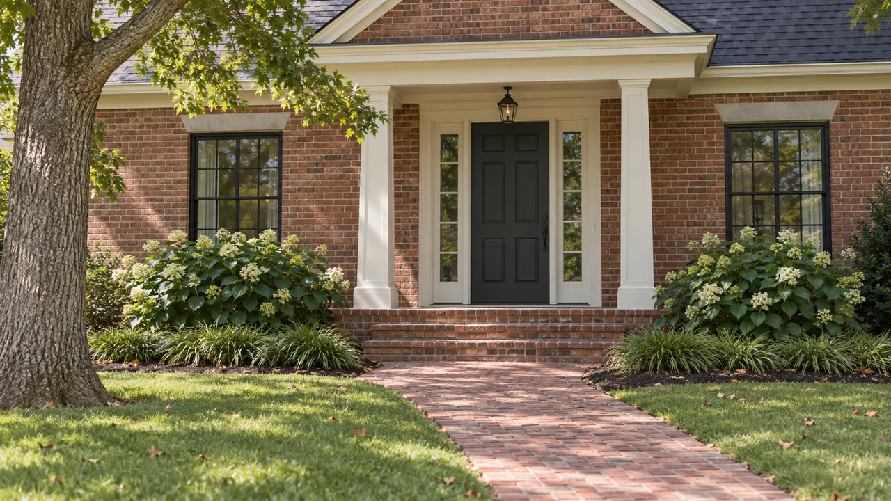 Brick house entrance with charcoal door, matching sidelights, brick walk, lawn, hydrangeas, and an oak tree.