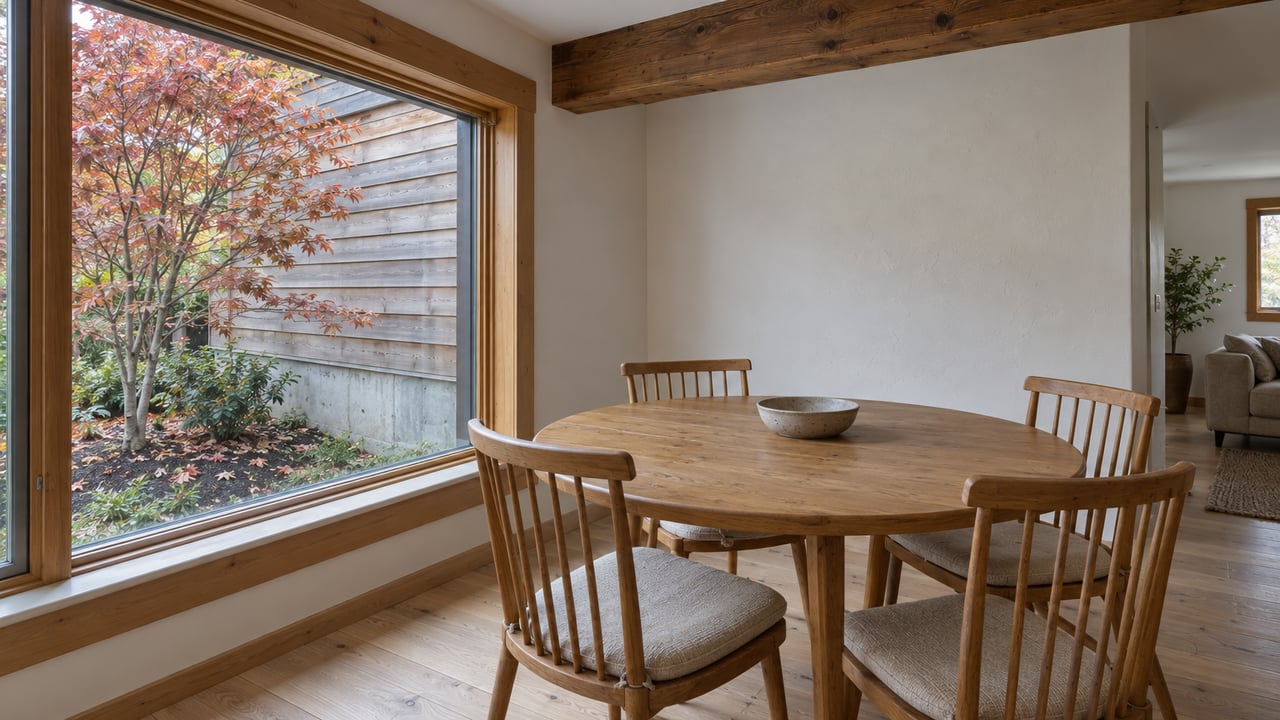 An oak dining table and four chairs beside a wood-framed window overlooking a copper-leaved maple and cedar siding.