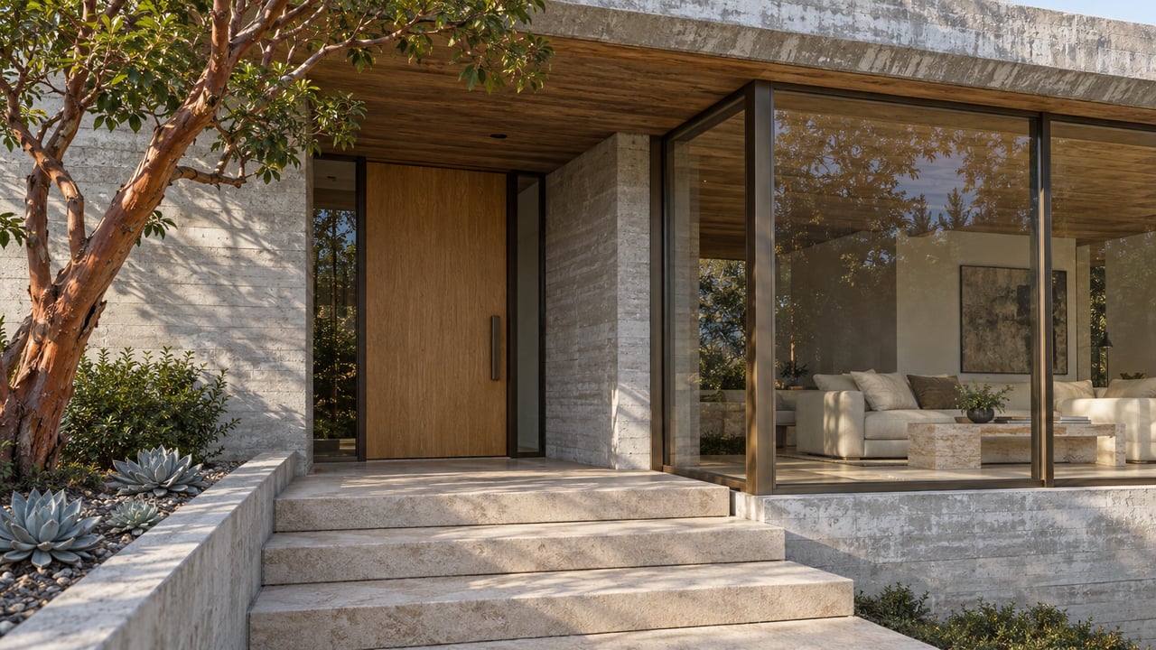 Sun-worn cedar and board-formed concrete frame a glazed living room and recessed oak entry above broad limestone steps.