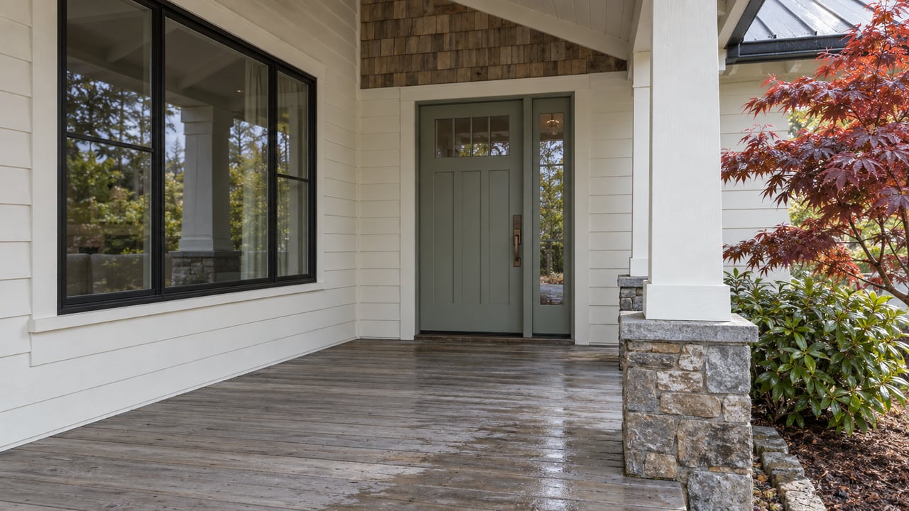 Covered porch with a muted sage door, black-framed window, square column, and copper-red maple leaves.