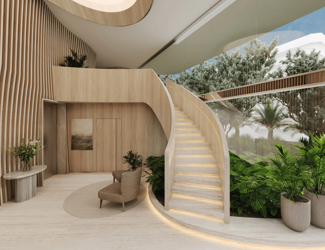Luxury condo lobby with a sweeping illuminated staircase, pale wood finishes, and glass walls overlooking tropical landscaping.
