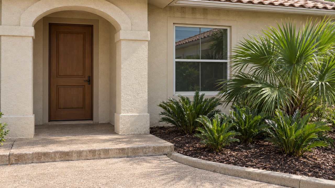 Ivory stucco home entry with a shallow arch, brown wood door, cream-framed window and carefully edged planting bed.