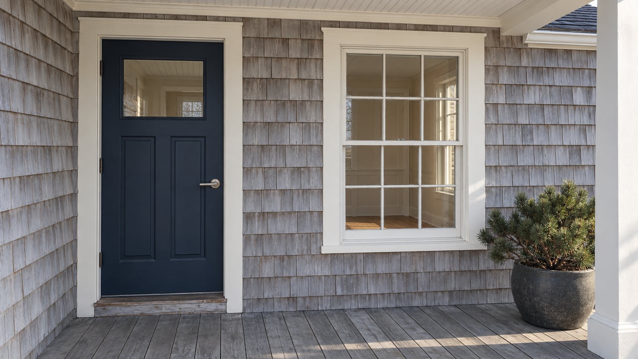 Shingled home entry with a dark blue door, white-trimmed window, and potted evergreen.