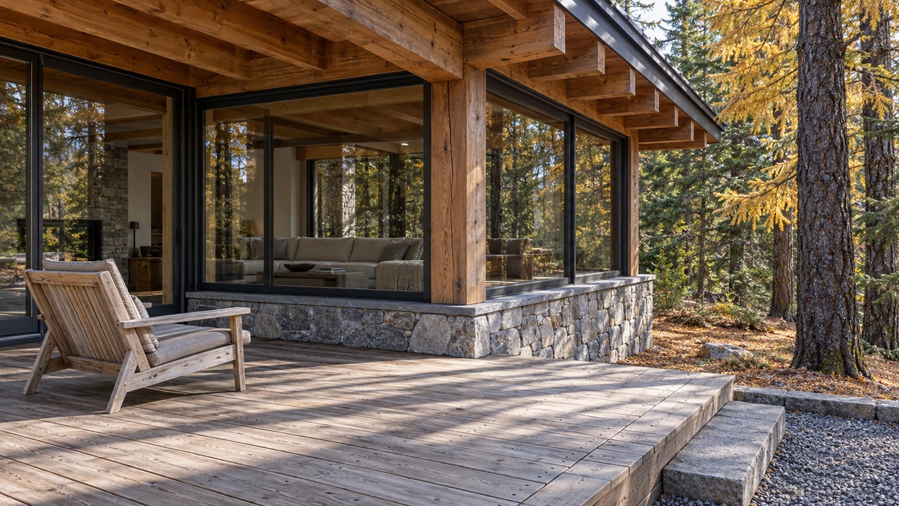 Sunlit timber terrace beside bronze-framed glass walls and a gray stone plinth, with golden larch needles at the woodland edge.