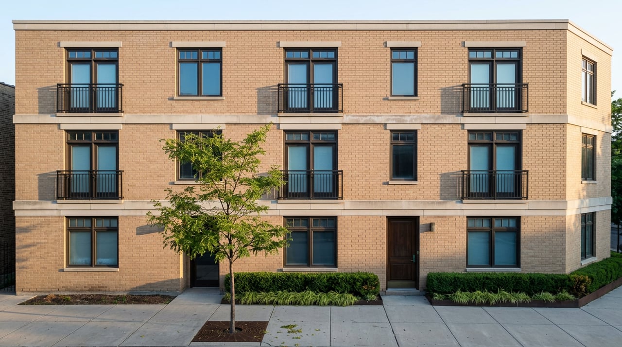 Three-story buff-brick residential building with dark balcony rails, bronze-framed windows, and a street tree.