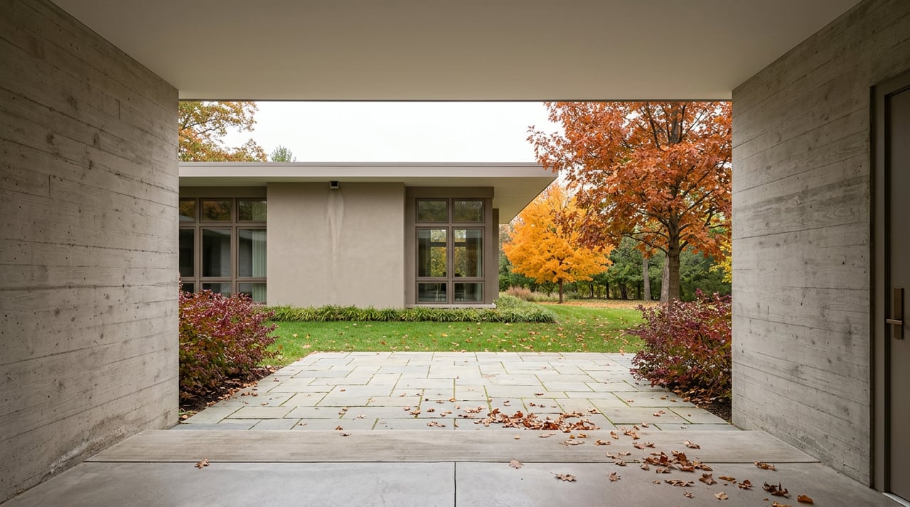 Concrete entry frames a stucco house, bluestone path, lawn, and orange-red autumn trees.
