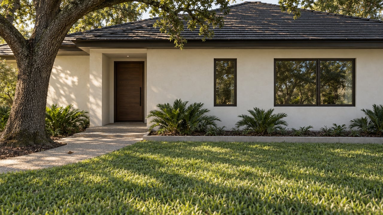 Warm-white stucco home with bronze-framed windows, shaded entry, oak canopy, and a shell-aggregate path across the lawn.