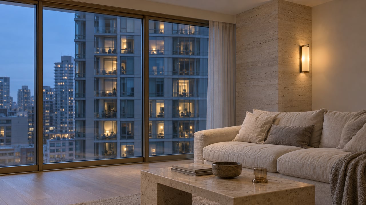 High-rise living room with a cream linen sofa, travertine table, and neighboring tower visible through the windows.