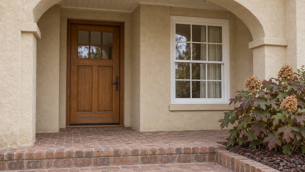 Pale stucco arched entrance with a wood door, white-framed window, weathered brick landing, and oakleaf hydrangea.