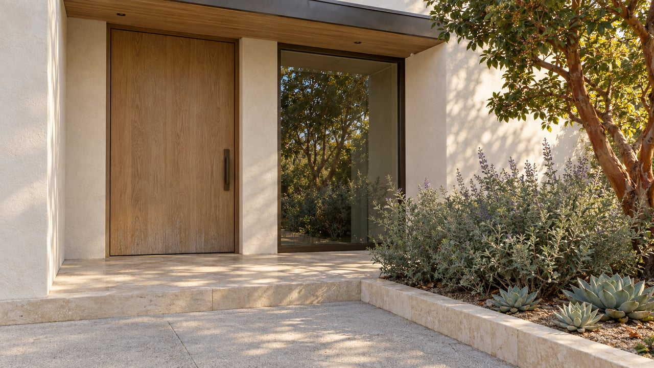 Modern home entrance with a large wood door, stone steps, and landscaped succulents.