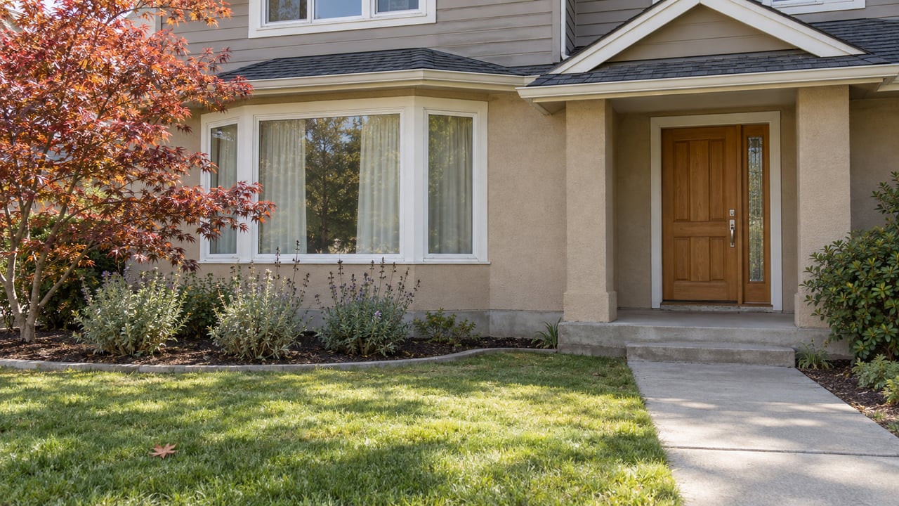 Sunlit lawn and concrete approach in front of a warm stucco and wood-sided home with a bay window and recessed timber front door.