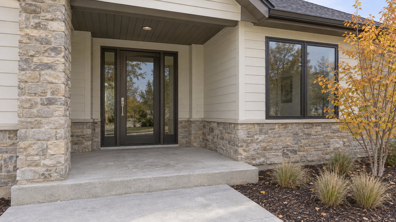 Covered home entrance with buff-gray stone, off-white siding, bronze-framed glass door and autumn serviceberry planting.