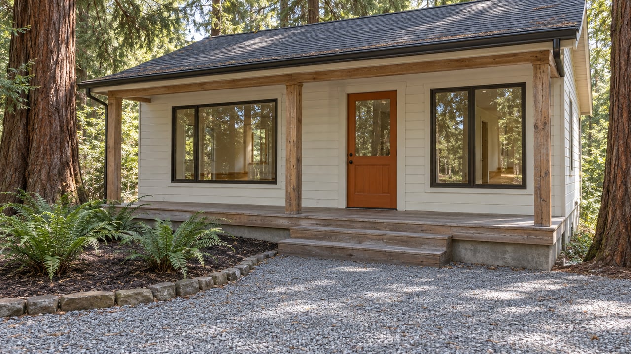 Updated wood-sided cottage with an orange entry door, covered timber porch and gravel approach beneath mature redwood trees.