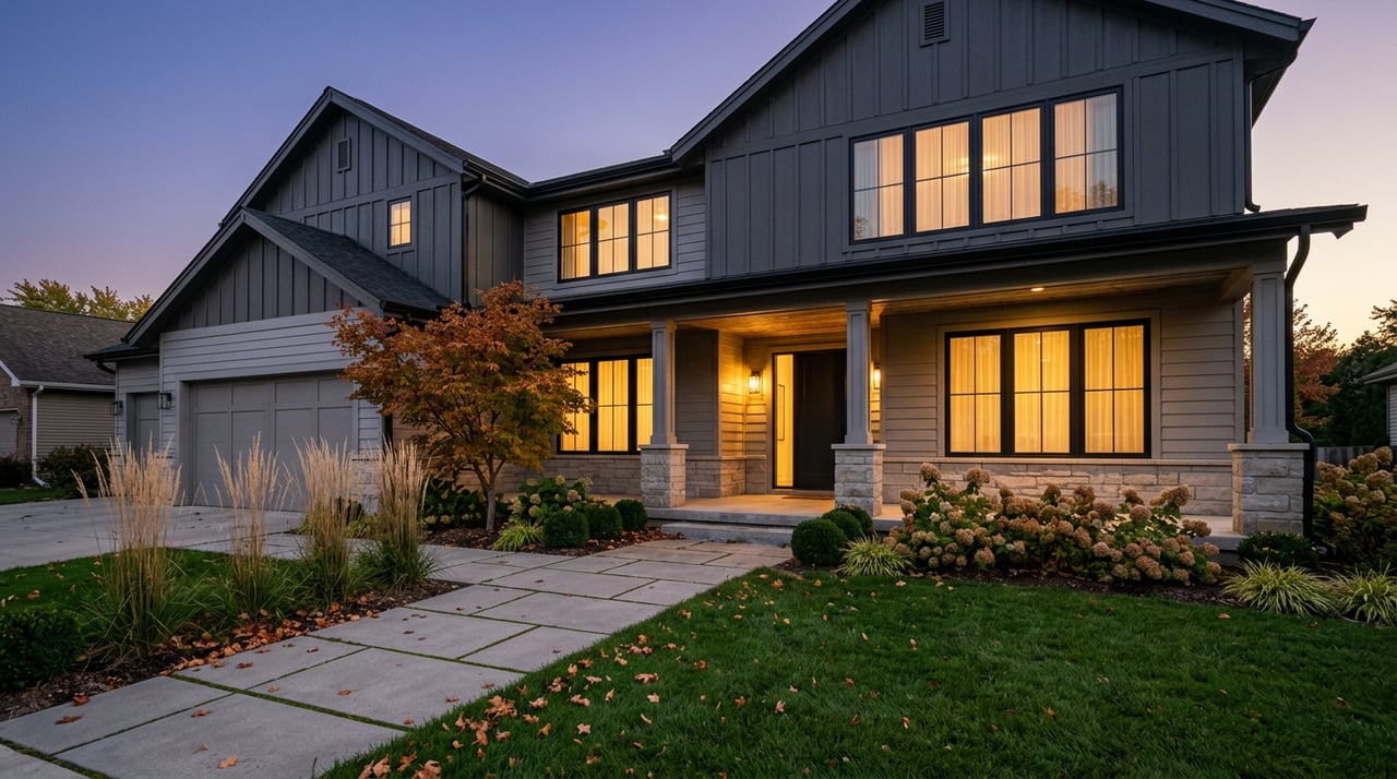 Two-story craftsman home at dusk, warm windows beneath steep gables, with a paver walk across the lawn.