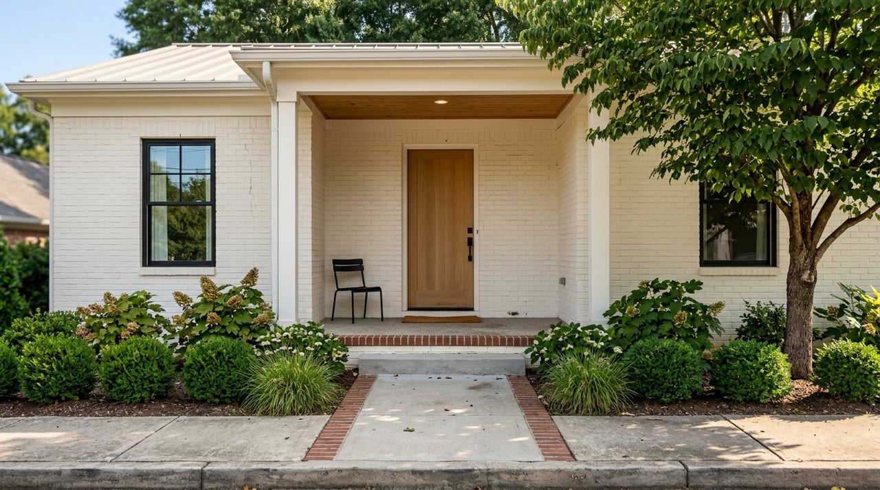 Cottage porch beyond a walkway, with white brick, black windows, oak door, and tree canopy.