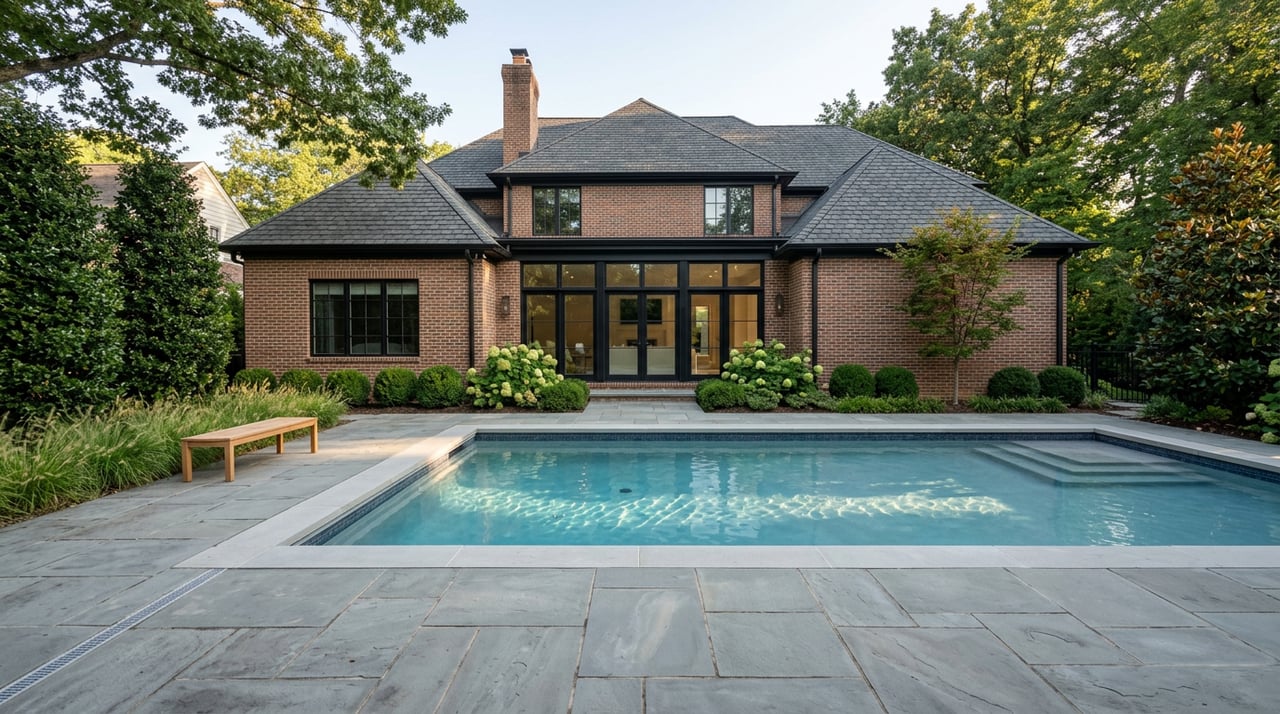 Rectangular pool and bluestone patio beside a substantial brick estate with black-framed windows and manicured trees.