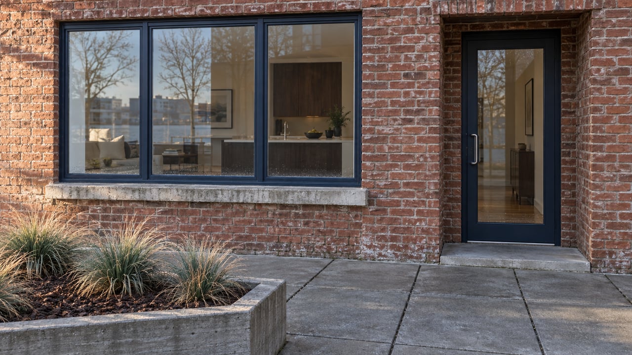 Sunlit brick residential facade with navy-framed windows, a recessed glass entrance and a raised concrete planter of blue-green grasses.
