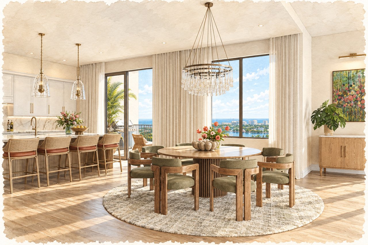 Open-plan dining room and kitchen with a round table and coastal water views.